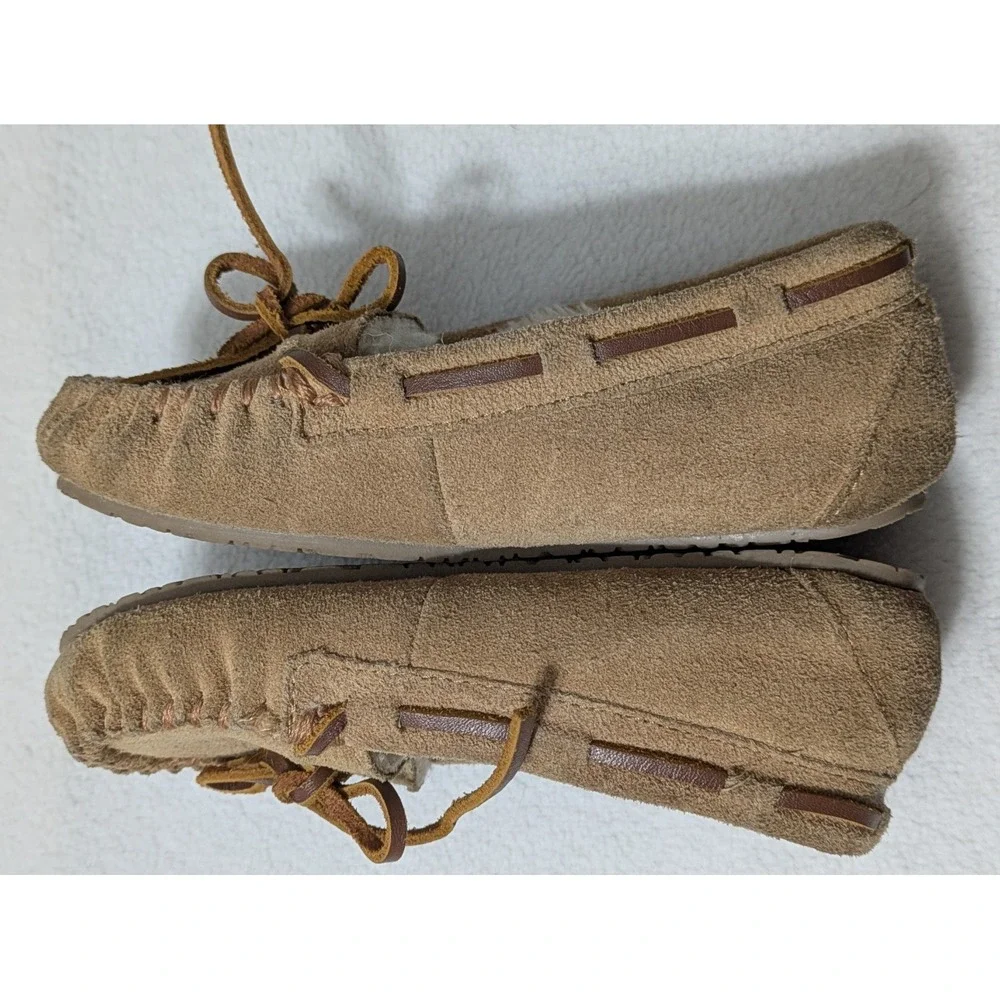Minnetonka Moccasins Girls Suede Slippers Faux Fur Lined Kids Shoes Sz 12‎ Youth